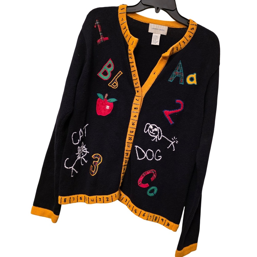 Lemon Grass Teacher Cardigan Navy Blue School Theme Alphabet Measuring Tape Med